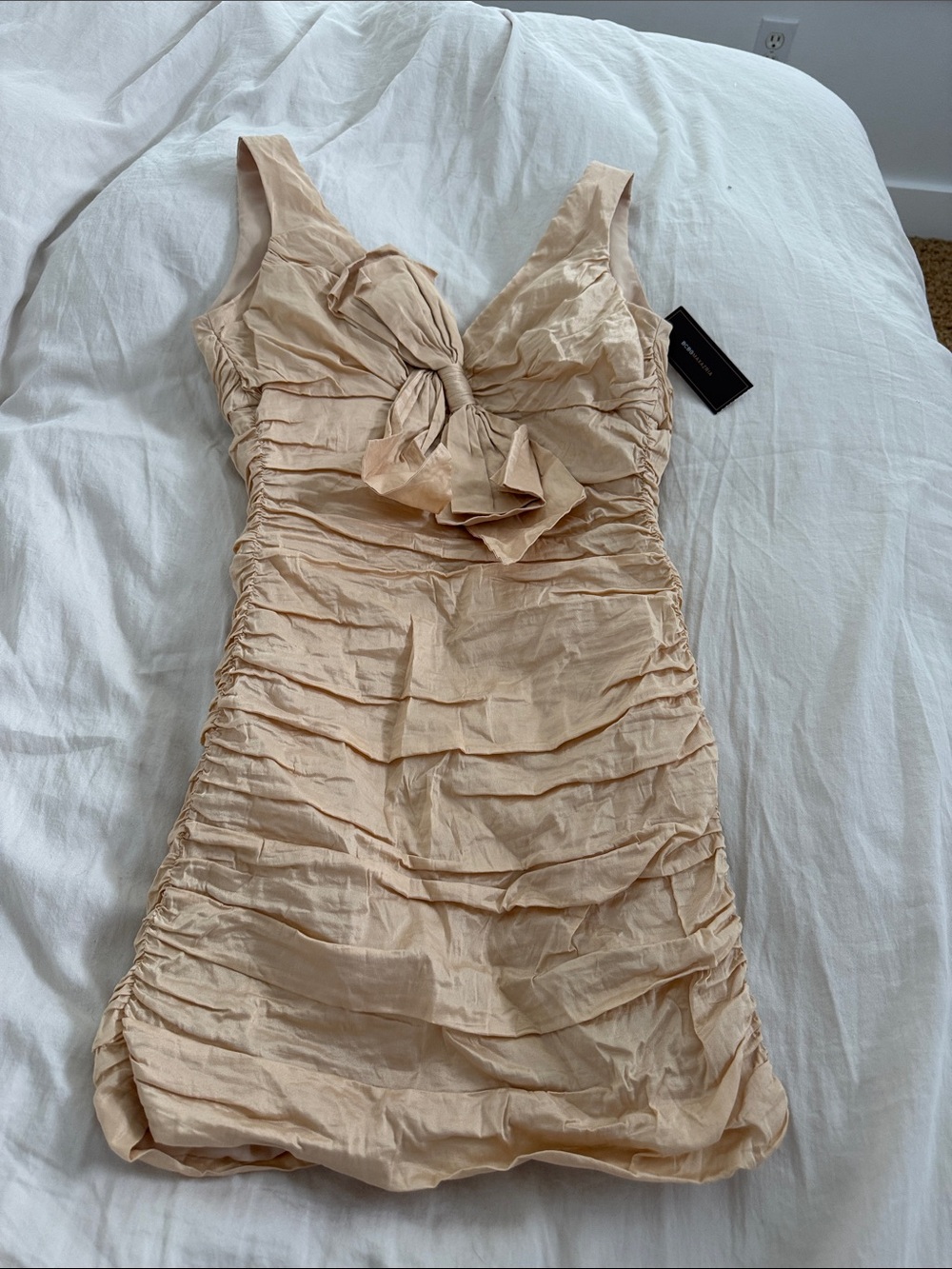 BCBGMaxAzria Ruched Midi Dress with Front Bow in Nude Blush